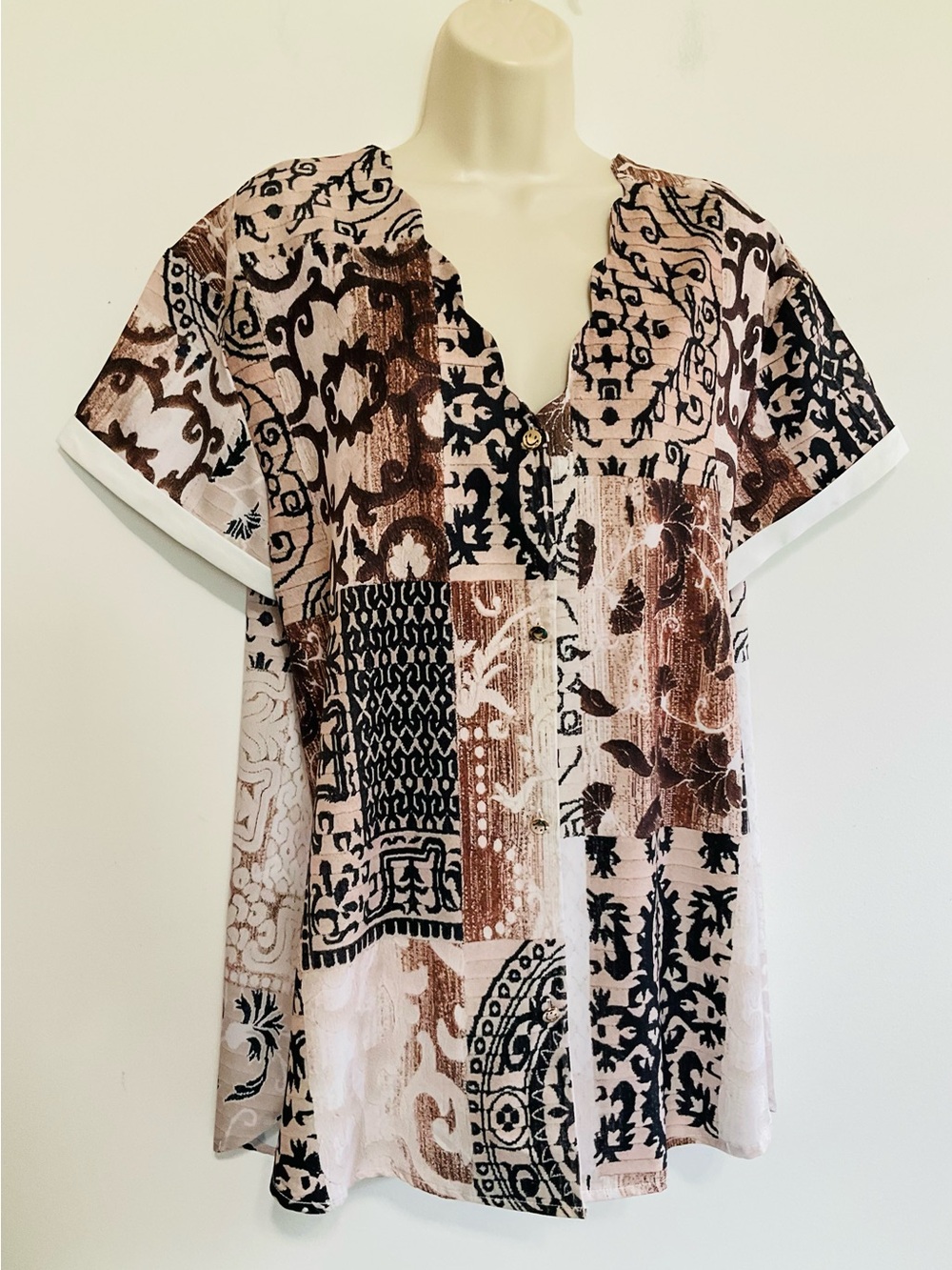 NoraCora Patchwork V-Neck Tunic Top in tan, Brown and black.